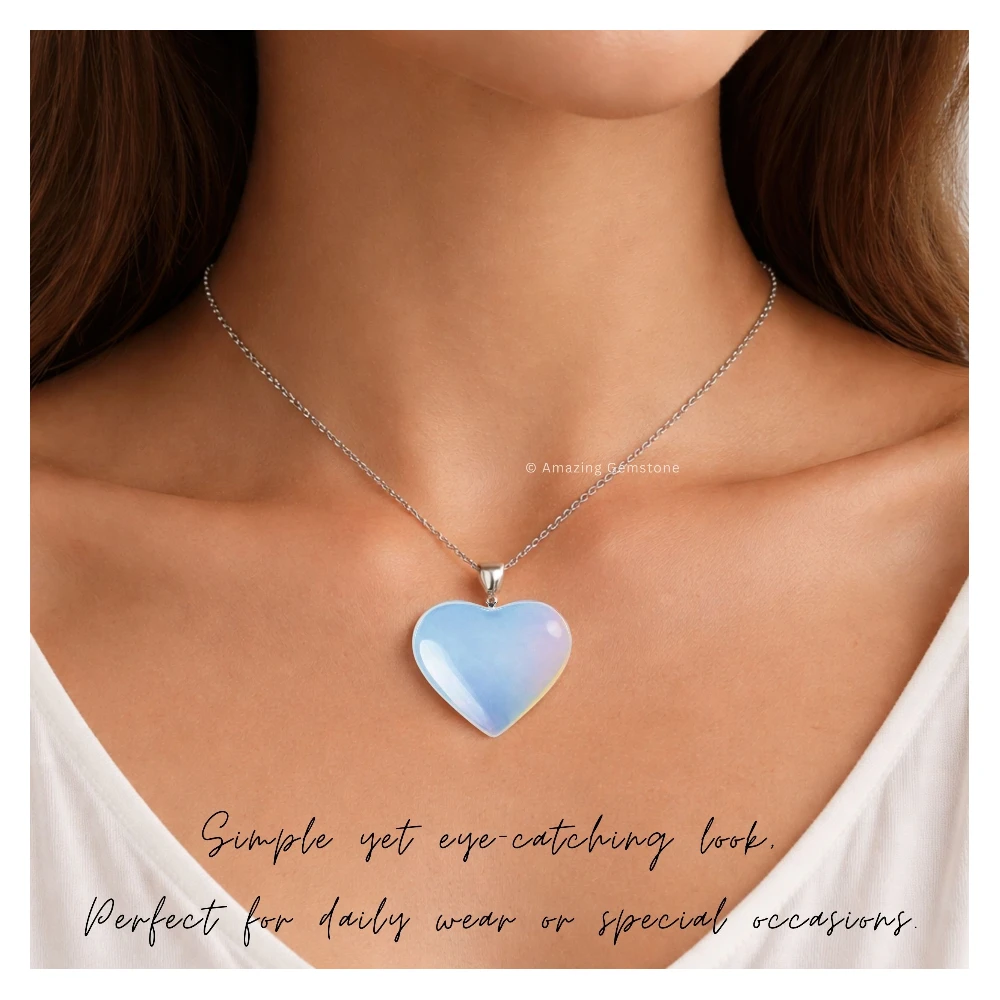 Opalite Heart Crystal Necklace (Flat Heart)
