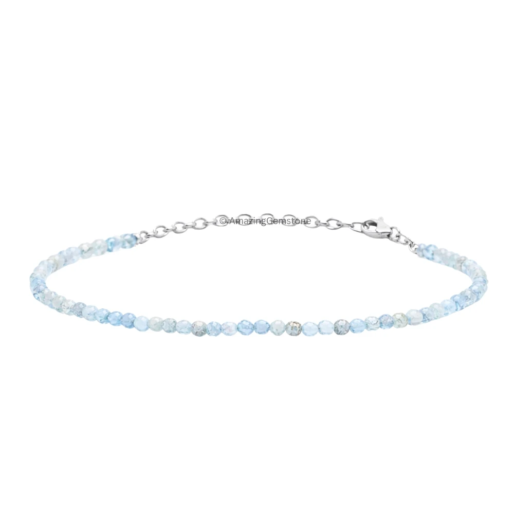 Aquamarine Crystal Bracelet - 2mm Faceted Bead (Silver)