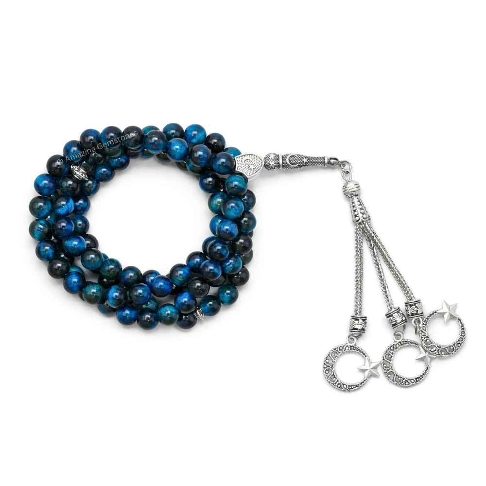 Light Blue Tiger Eye Crystal Tasbeeh Sibha Prayer Beads (Silver)
