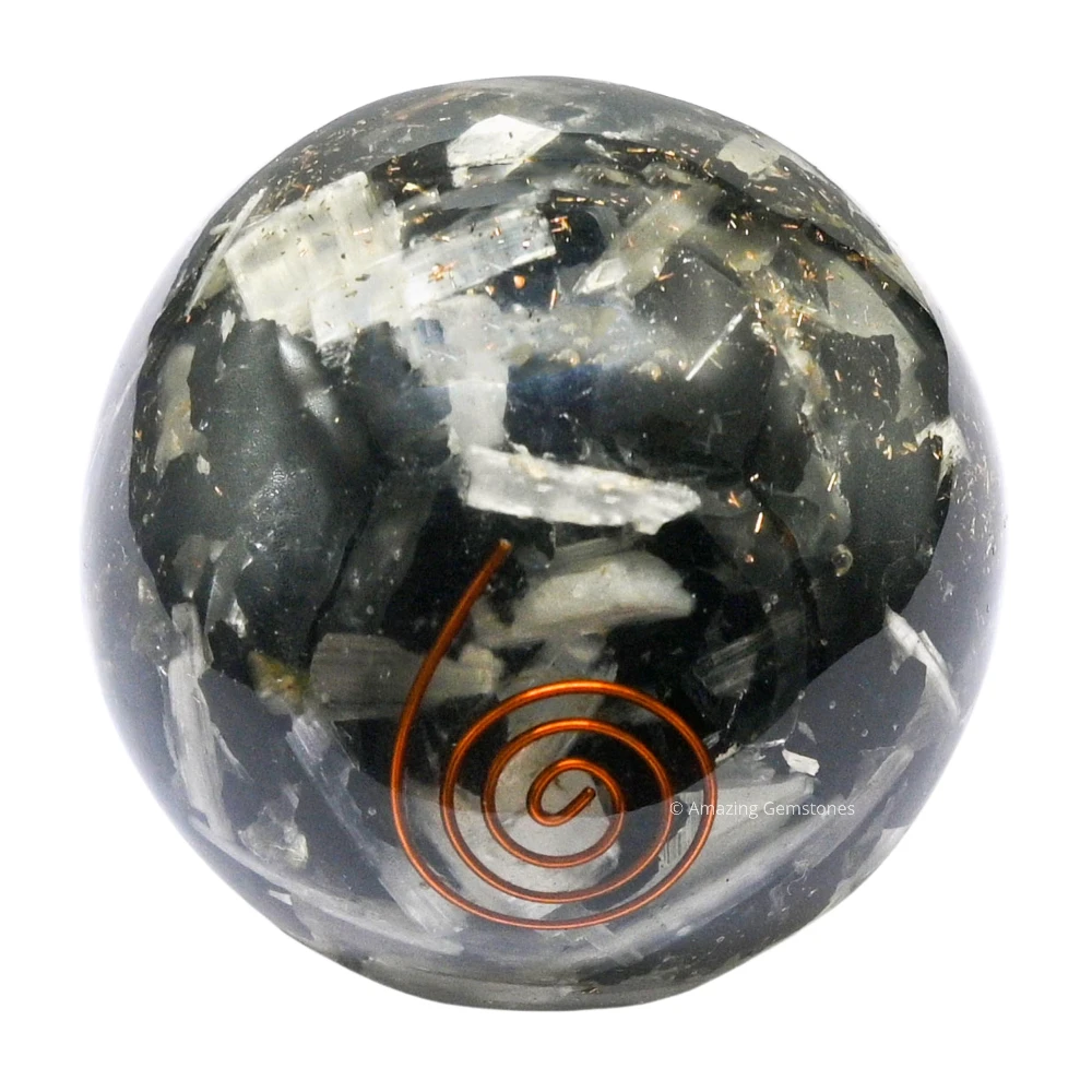 Black Tourmaline Selenite (mix) Orgone Sphere (2.5 Inch)