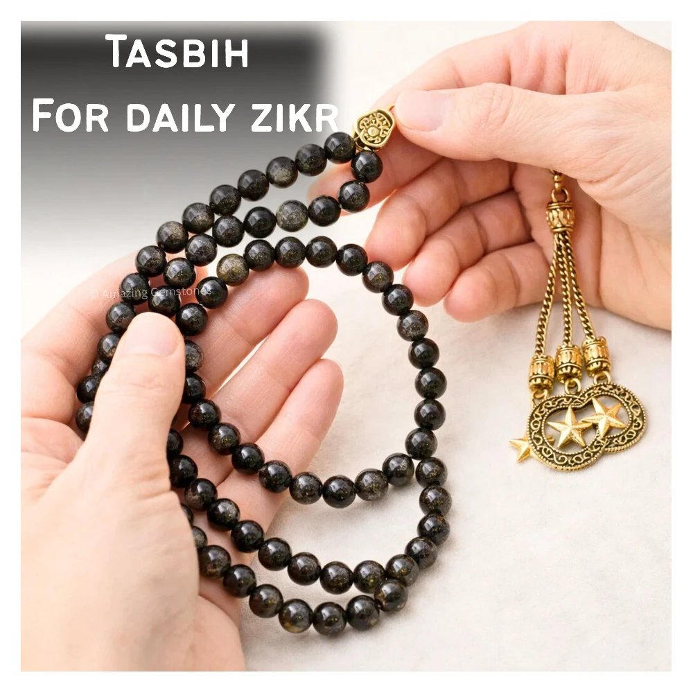 Gold Sheen Obsidian Crystal Tasbeeh Sibha Prayer Beads (Gold)