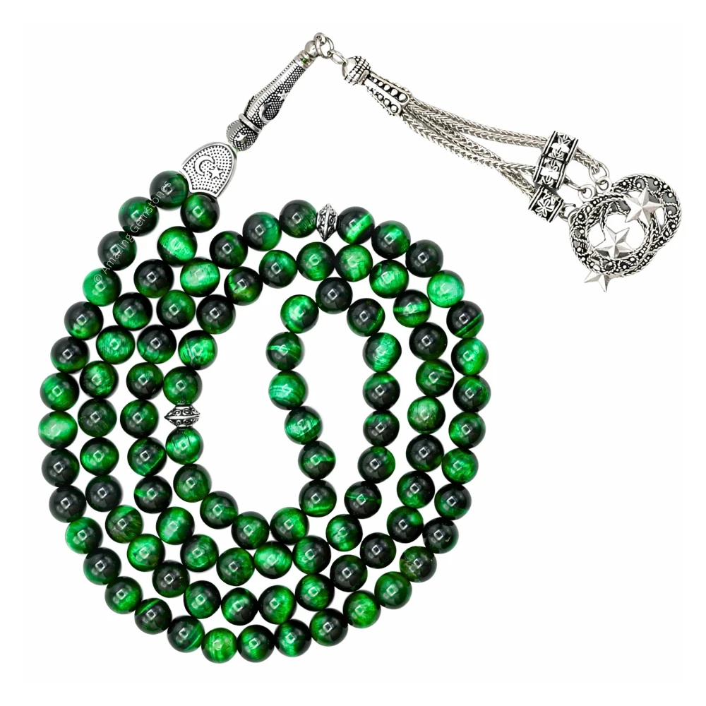 Green Tiger Eye Crystal Tasbeeh Sibha Prayer Beads (Silver)