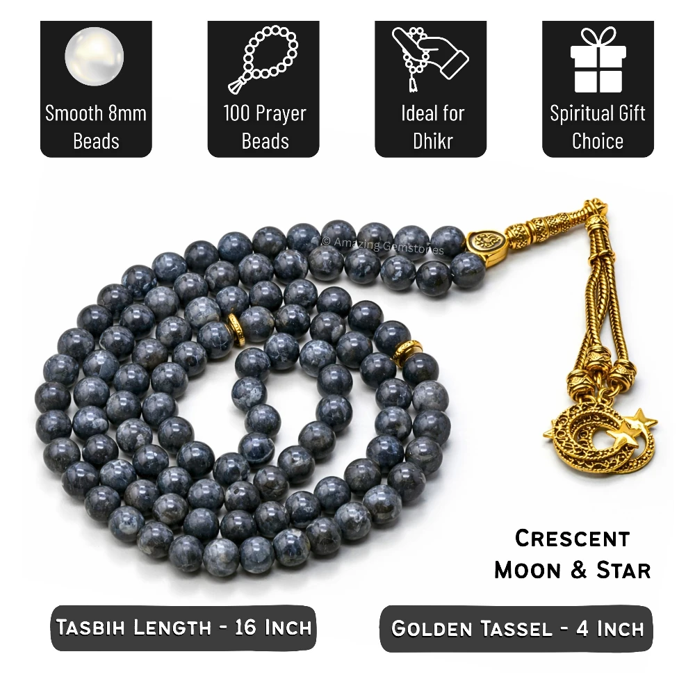 Larvikite Crystal Tasbeeh Sibha Prayer Beads (Gold)