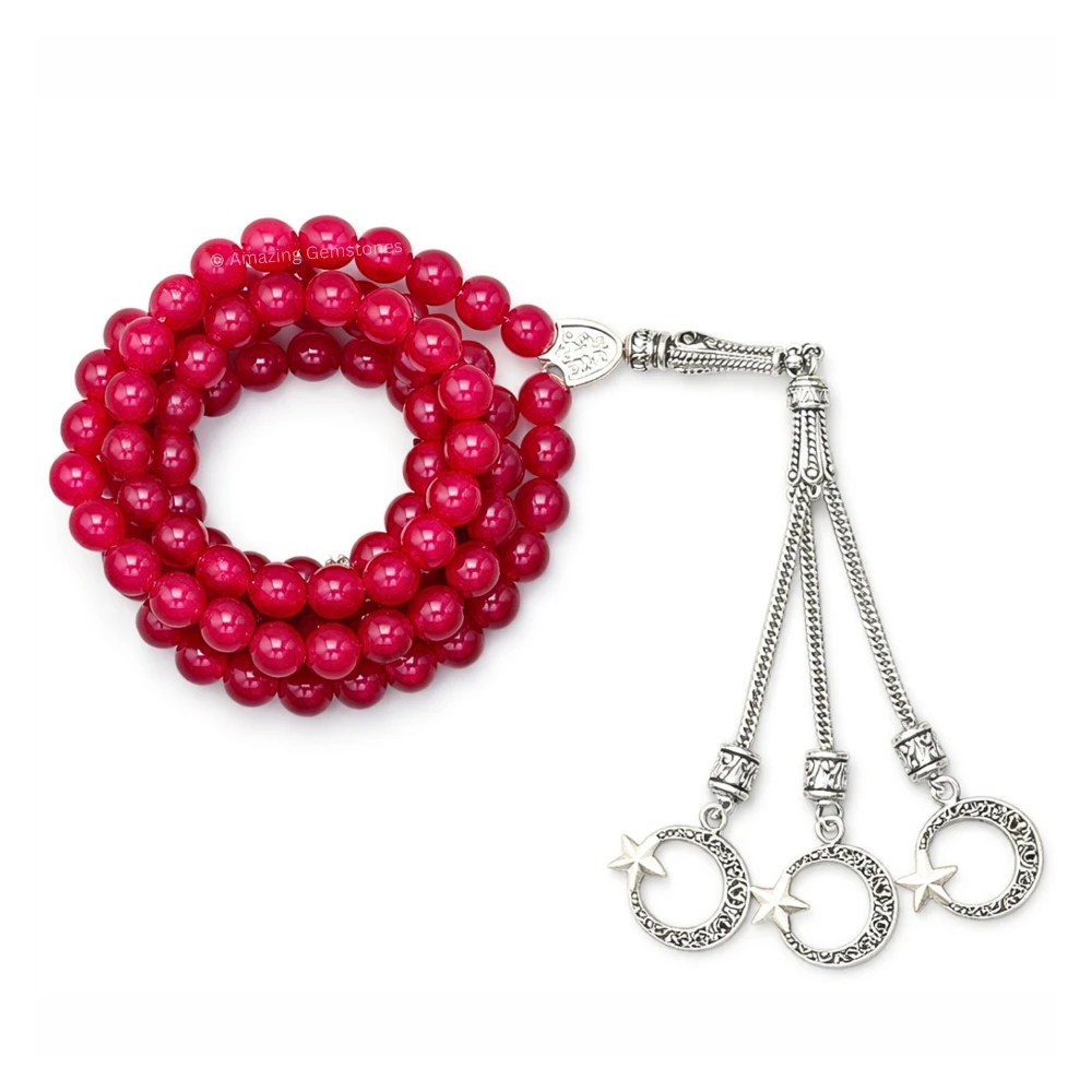 Ruby Jade (Dye) Crystal Tasbeeh Sibha Prayer Beads (Silver)