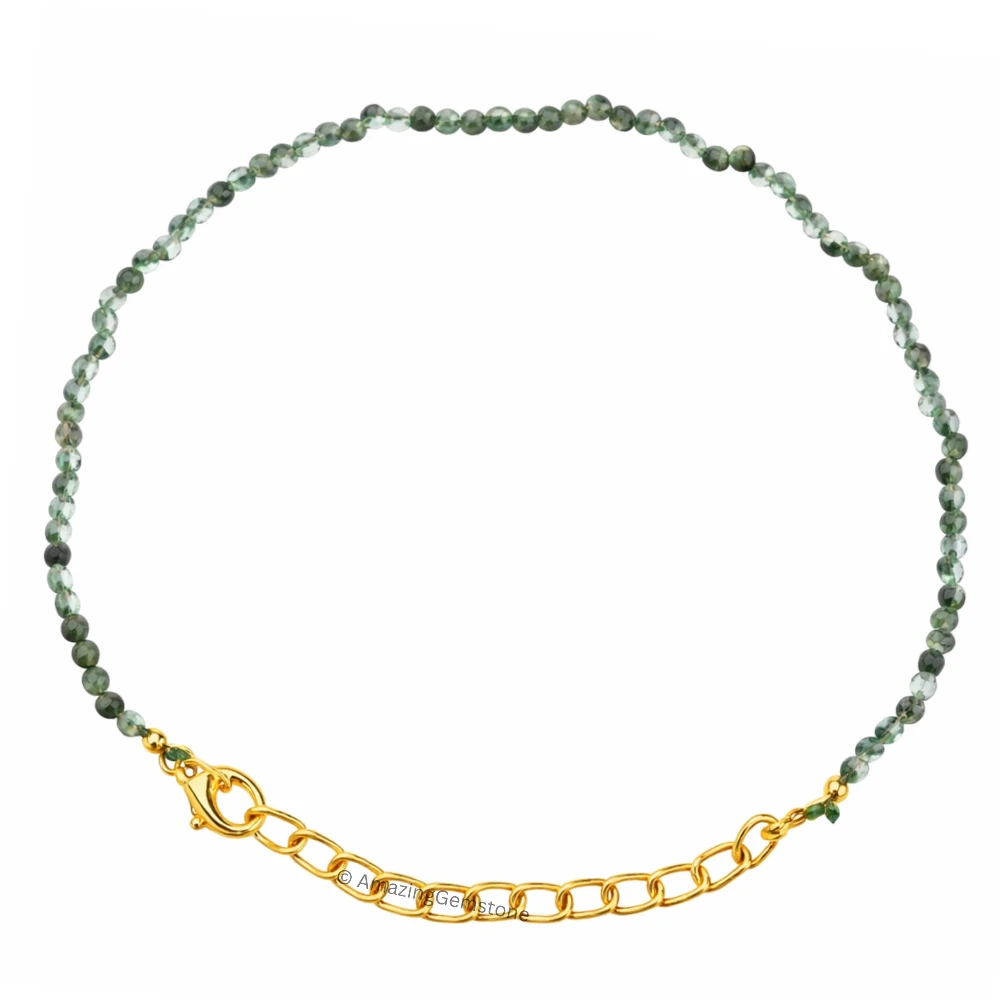 Green Rutilated Quartz Crystal Bracelet - 2mm Faceted Bead (Gold)