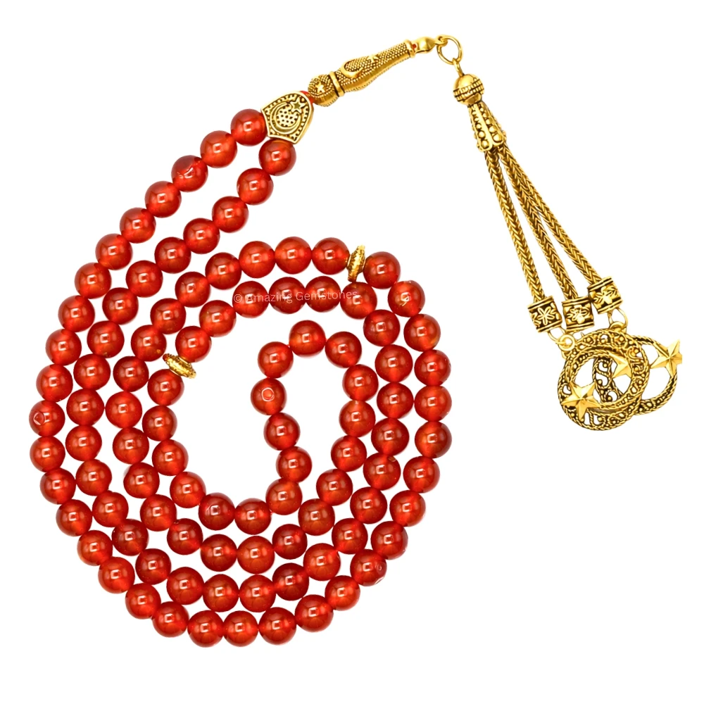 Red Onyx Crystal Tasbeeh Sibha Prayer Beads (Gold)