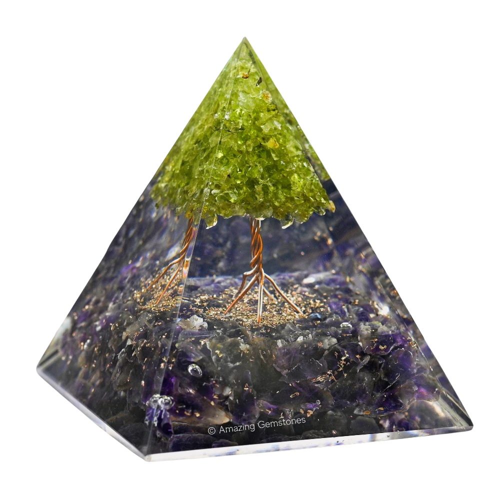 Amethyst with Peridot Tree Orgone Pyramid - 70mm