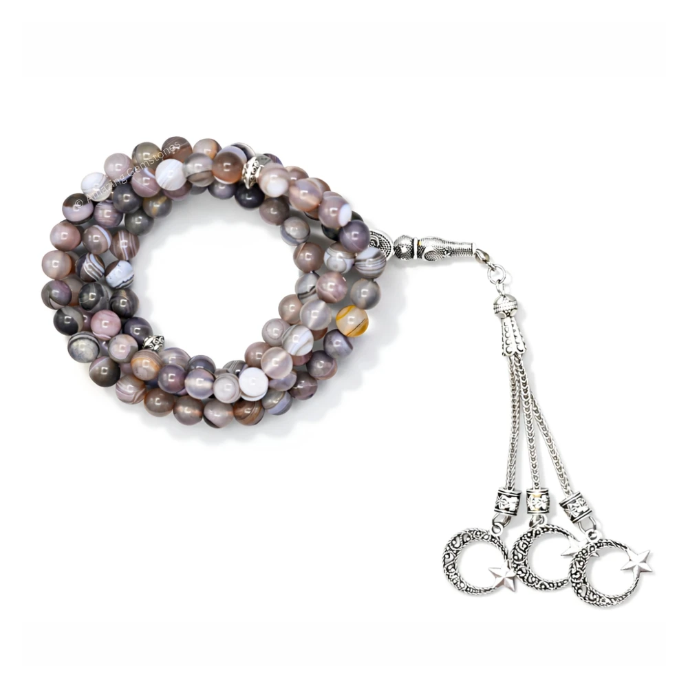 Botswana Agate Crystal Tasbeeh Sibha Prayer Beads (Silver)