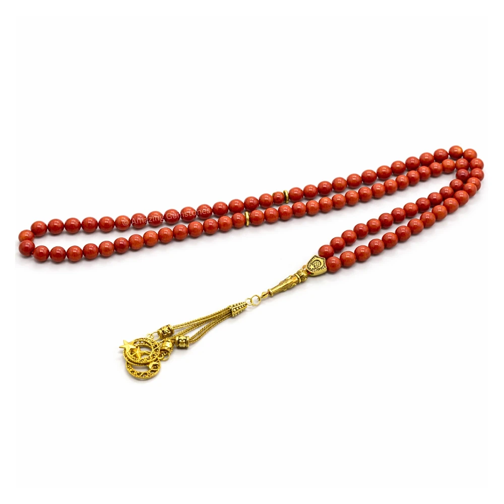 Red Jasper Crystal Tasbeeh Sibha Prayer Beads (Gold)