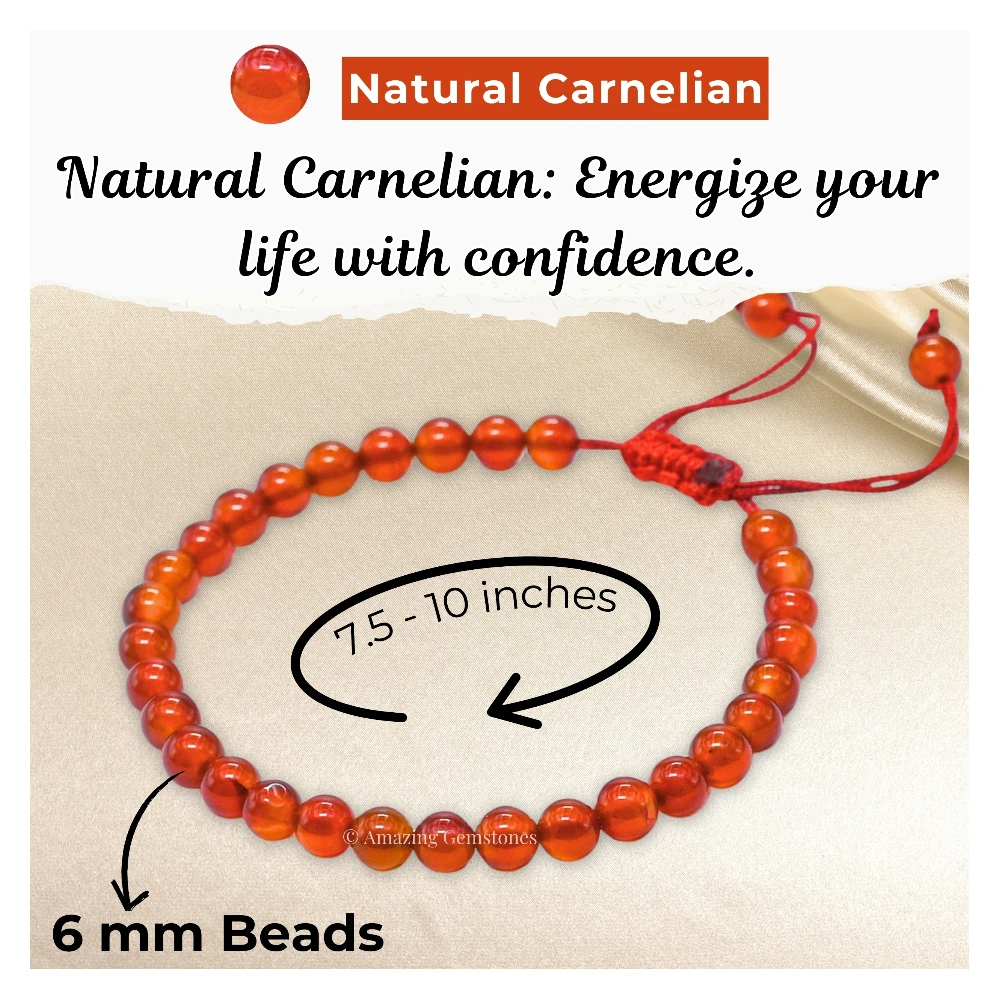 Carnelian Healing Crystal Bracelets - 6mm Beads (Adjustable)