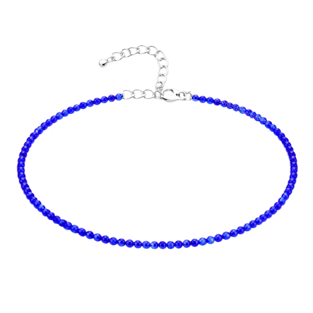 Royal Blue Chalcedony Crystal Anklet - 2mm Faceted Bead (Silver)