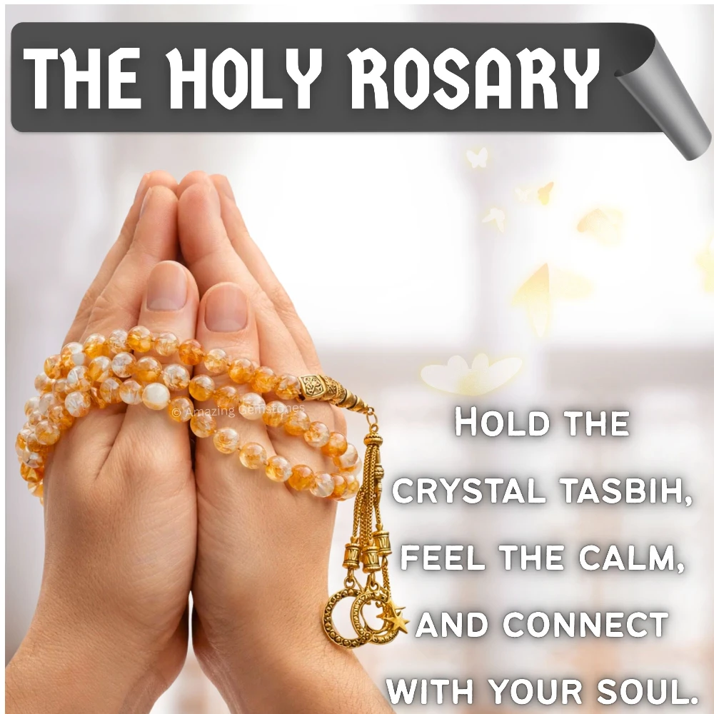 Natural Citrine Crystal Tasbeeh Sibha Prayer Beads (Gold)