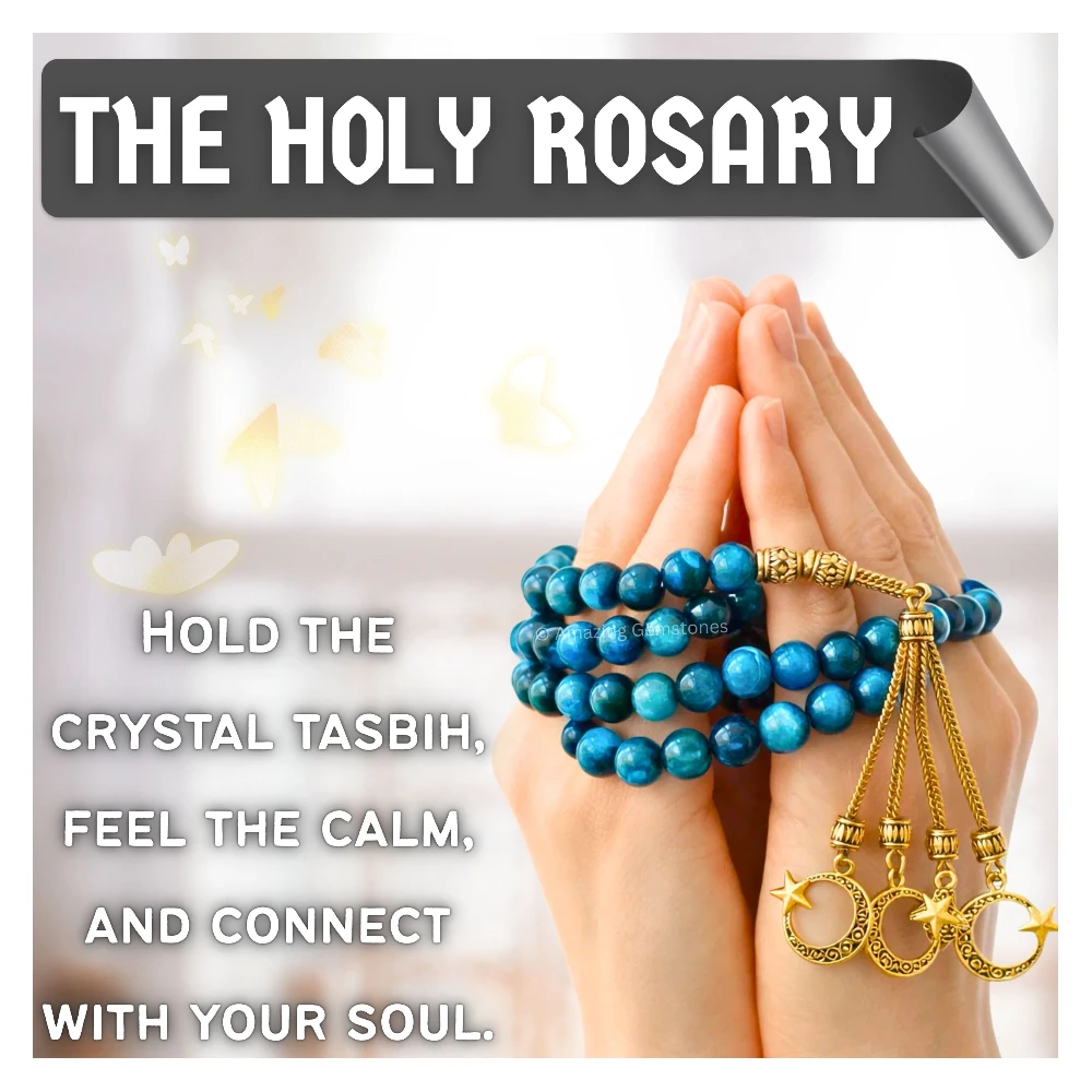 Light Blue Tiger Eye Crystal Tasbeeh Sibha Prayer Beads (Gold)