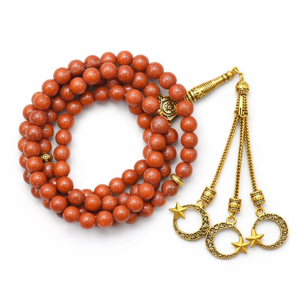 Red Goldstone Crystal Tasbeeh Sibha Prayer Beads (Gold)