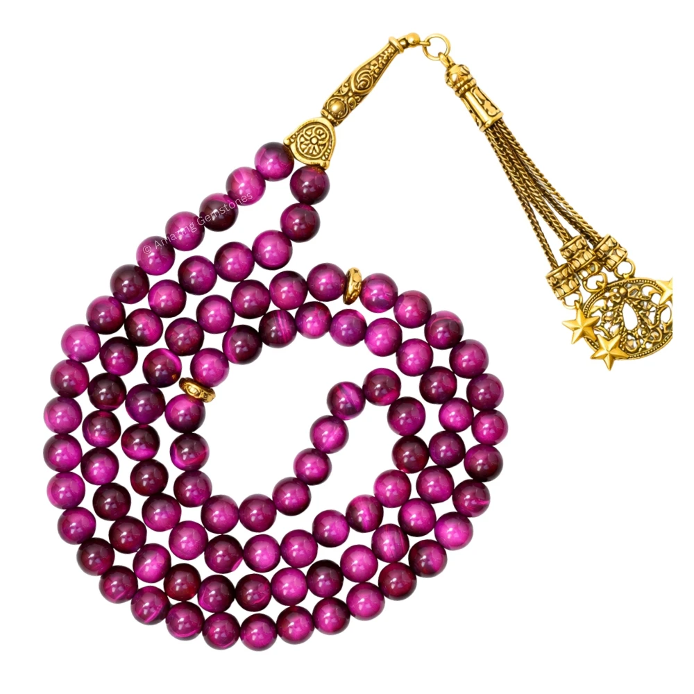 Pink Tiger Eye Crystal Tasbeeh Sibha Prayer Beads (Gold)