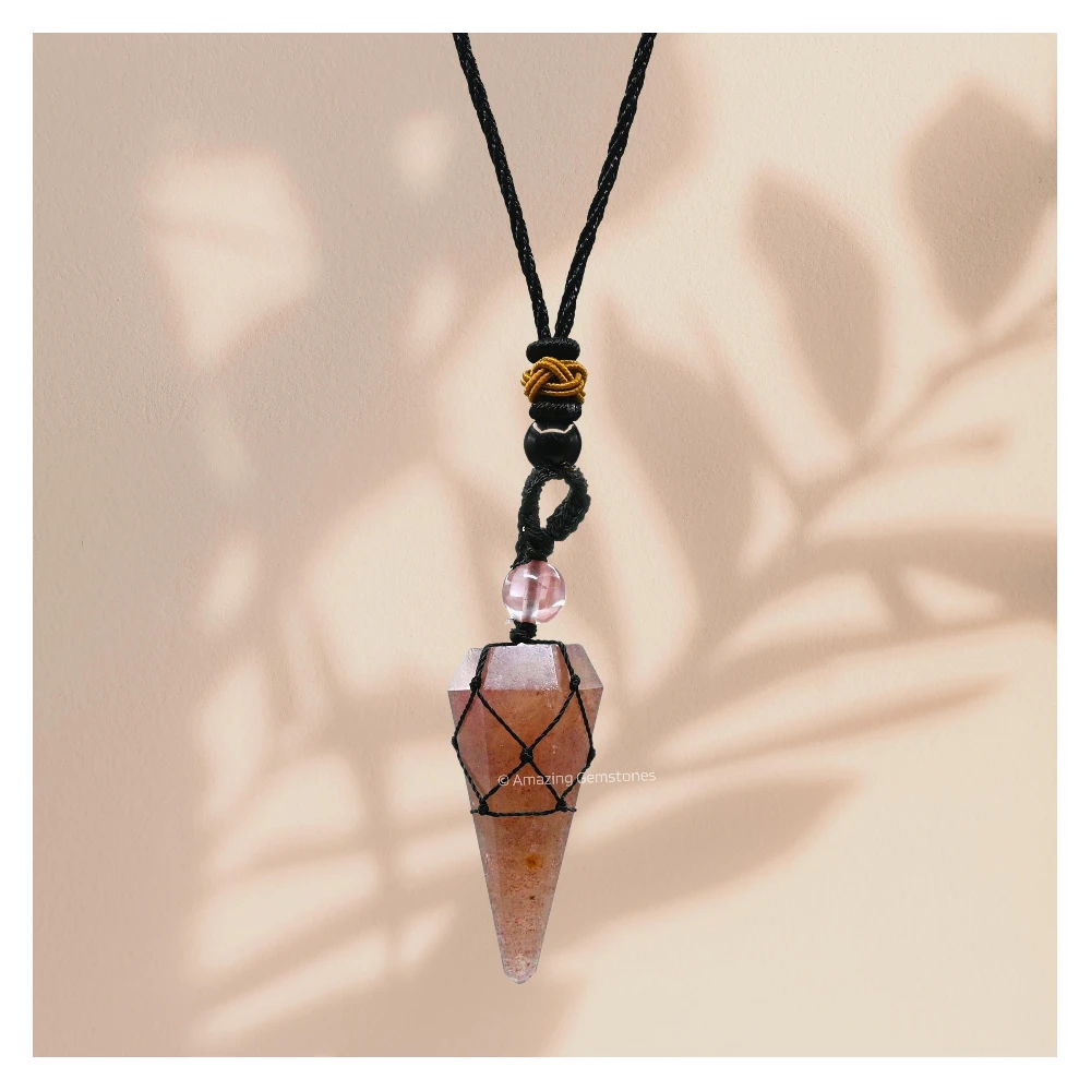Strawberry Quartz Pendulum Pendant Necklace (Macrame)
