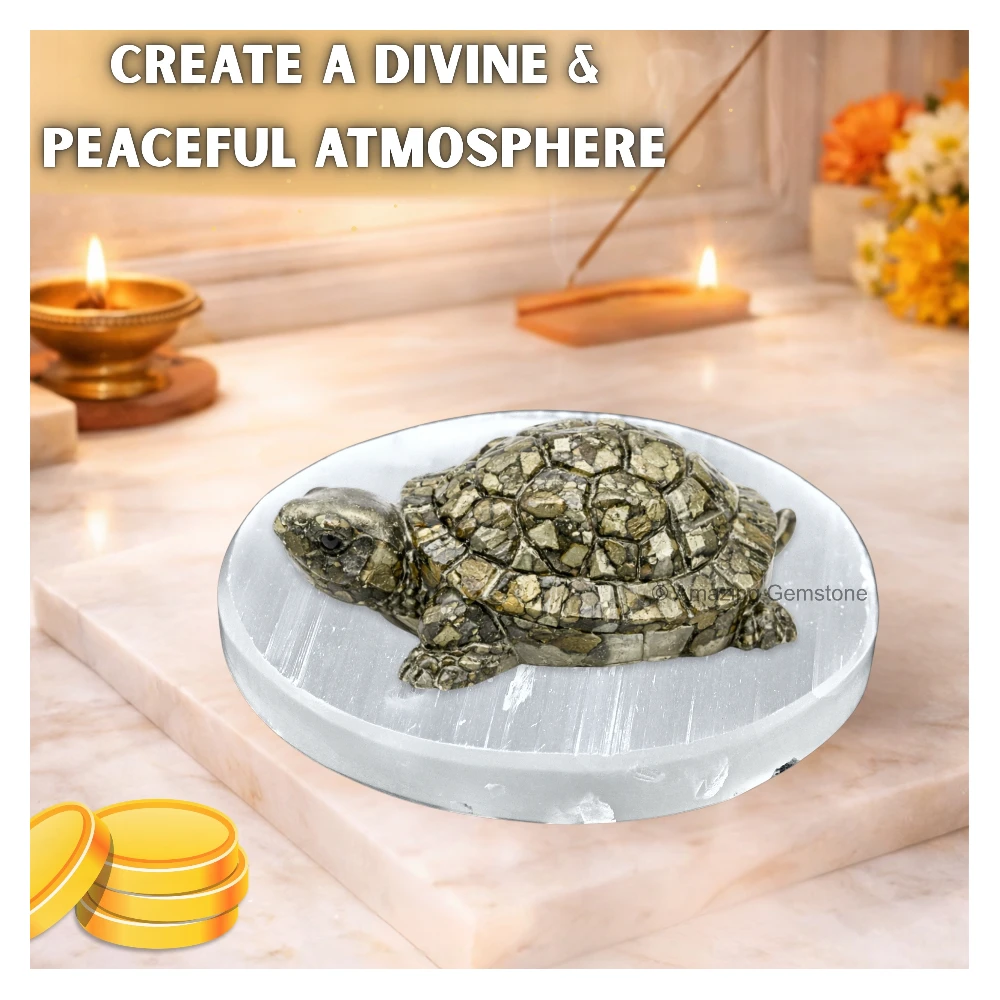 Pyrite Tortoise Figurine (with Selenite Plate)