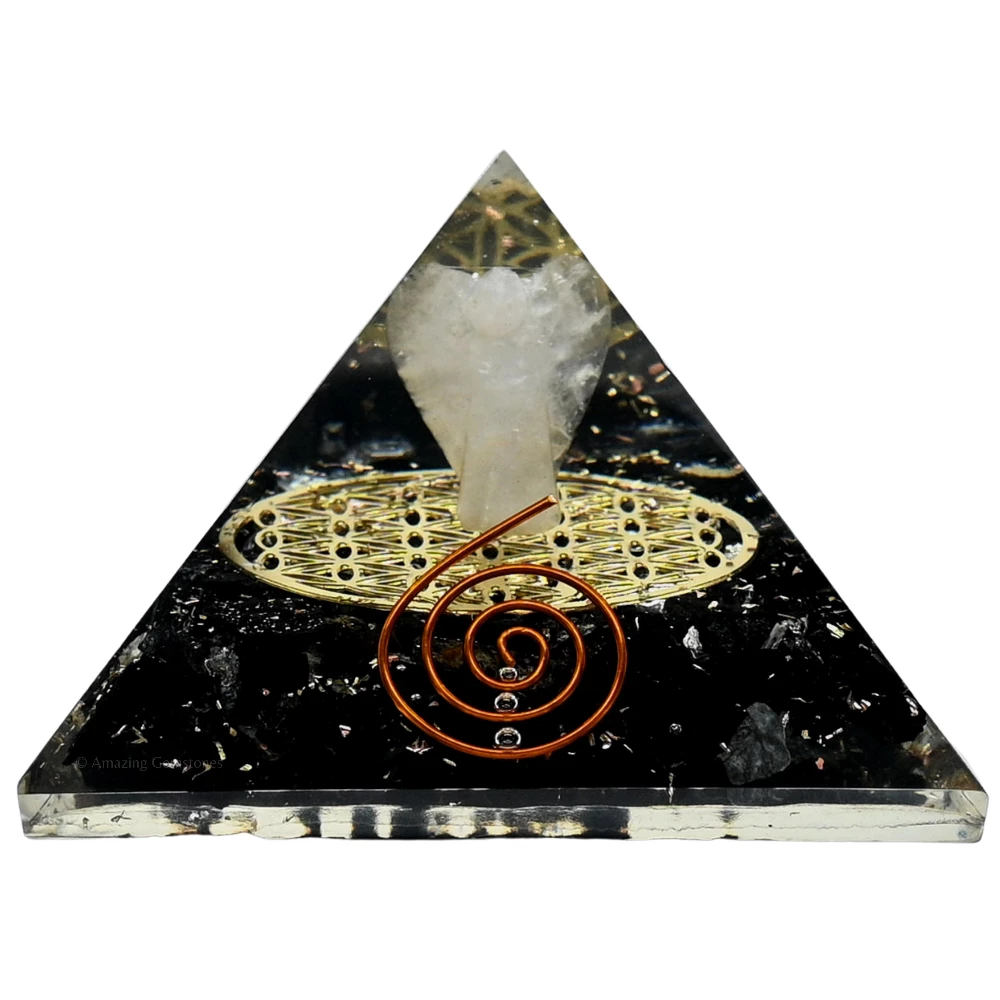 Black Tourmaline Orgone Pyramid - Flower of Life with Angel