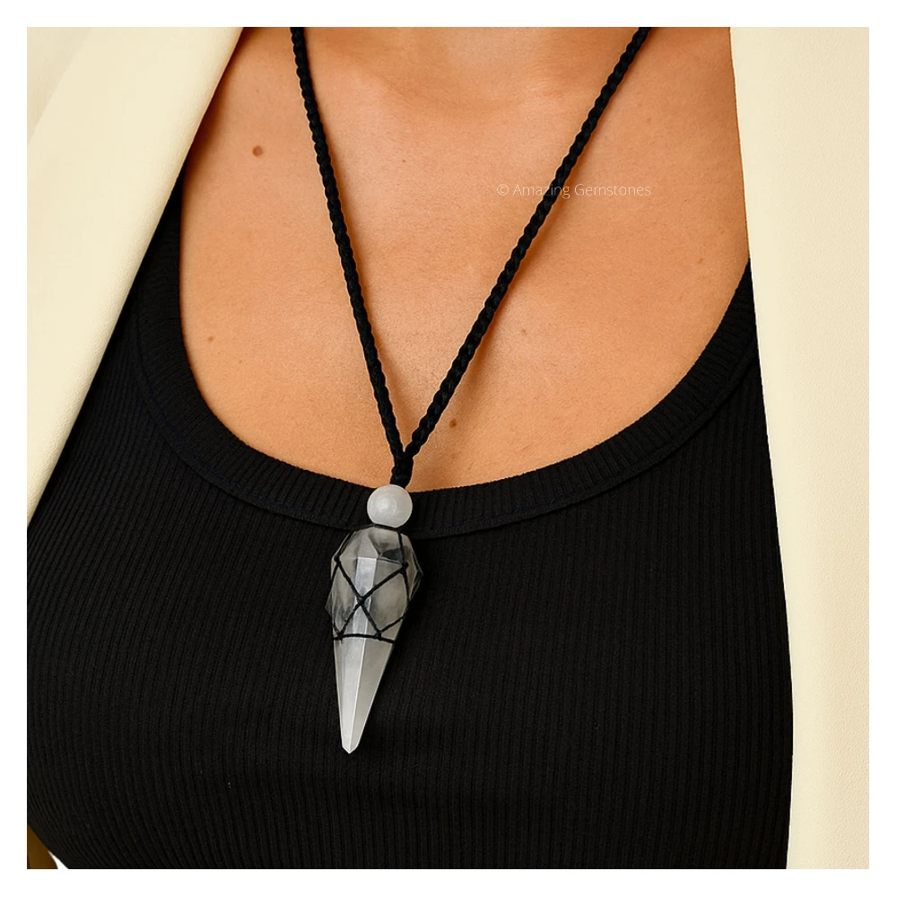 Black Rutilated Quartz Pendulum Pendant Necklace (Macrame)