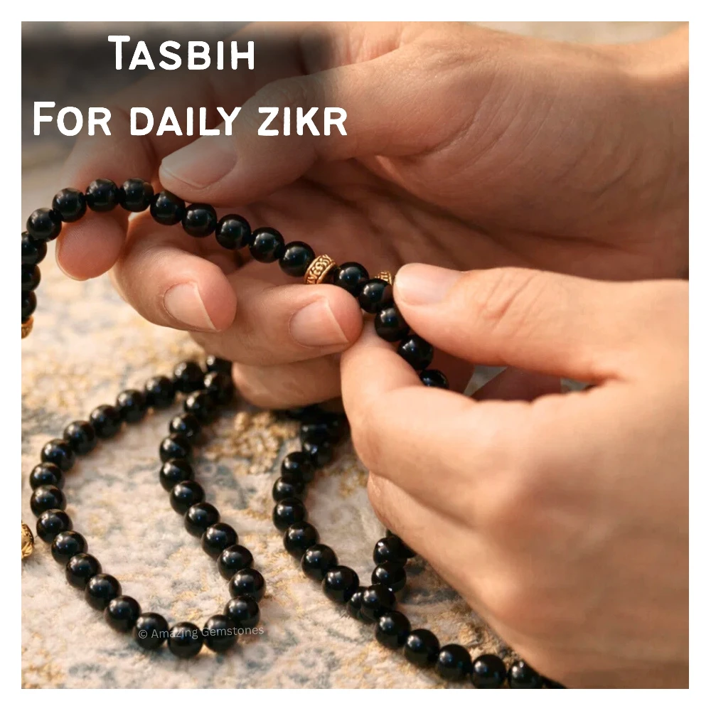 Black Obsidian Crystal Tasbeeh Sibha Prayer Beads (Gold)