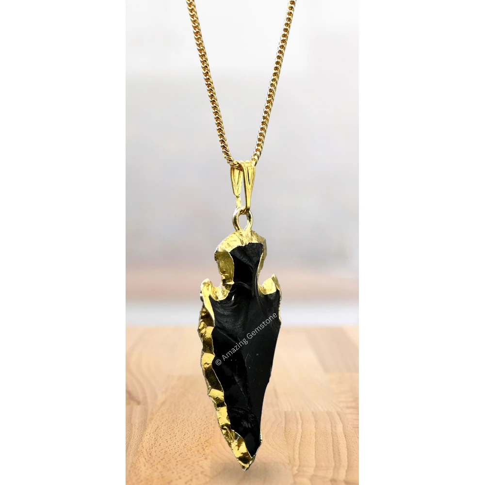 Black Obsidian Arrowhead Pendant - Gold Plated