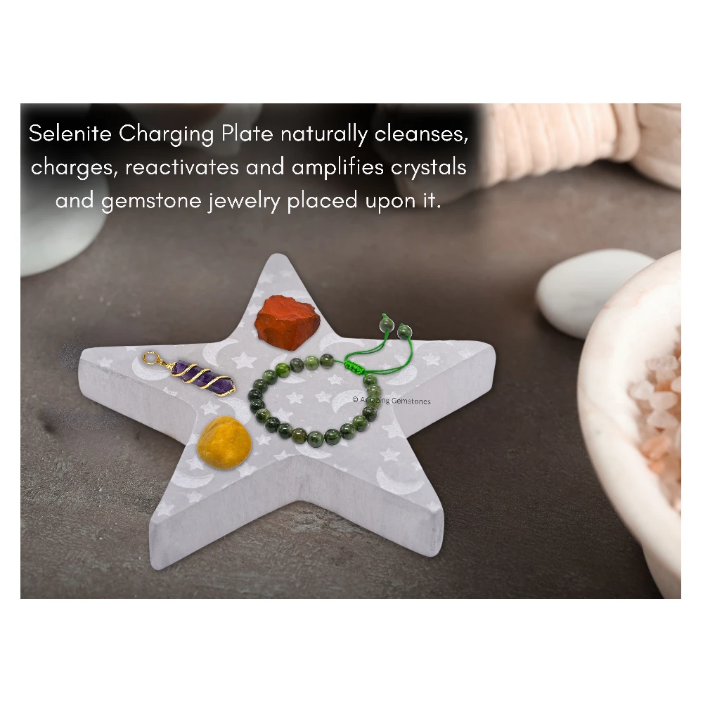 Selenite Star Charging Plate with Crescent Moon & Star (4 Inch)