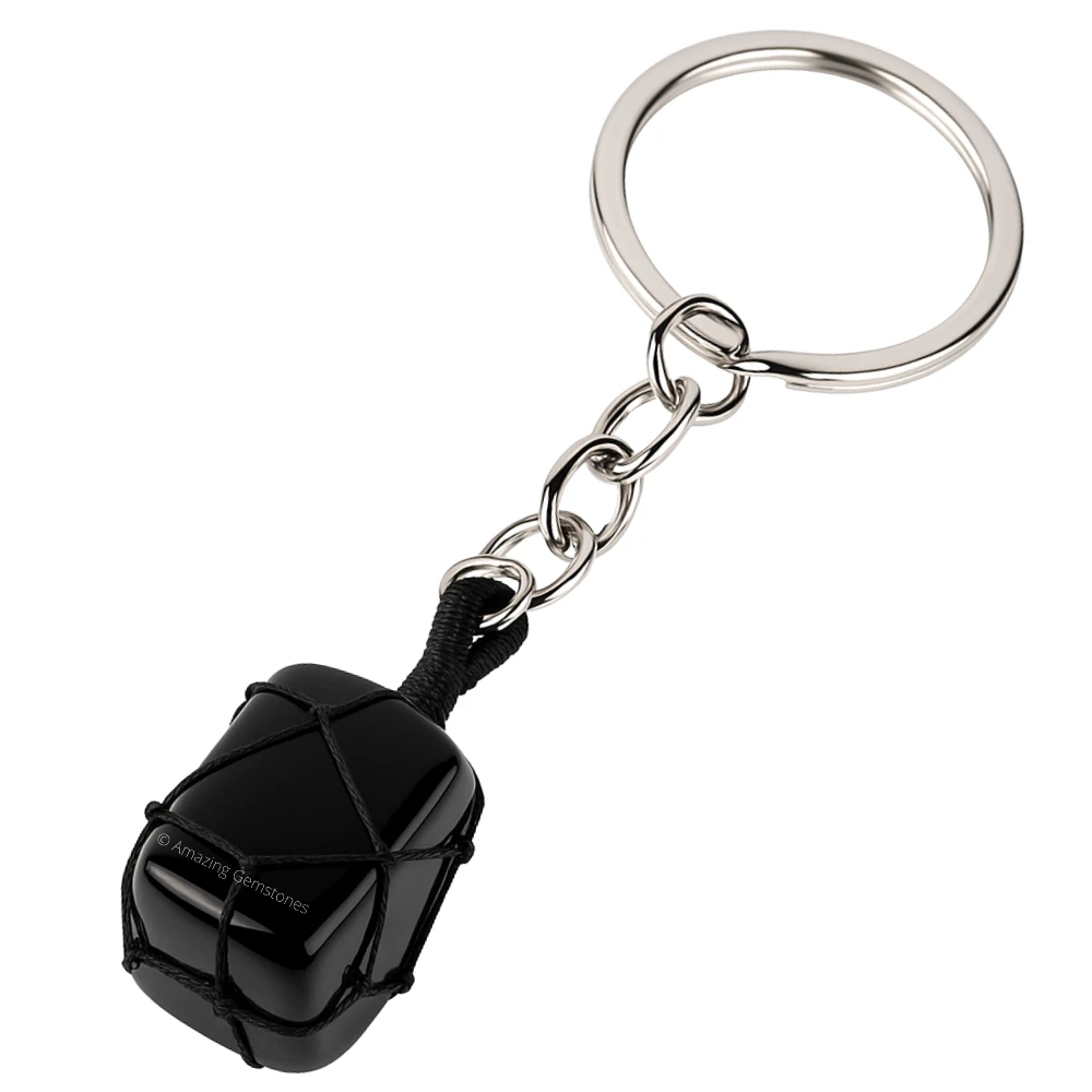Black Tourmaline Keychain Keys Holder (Macrame Tumble)