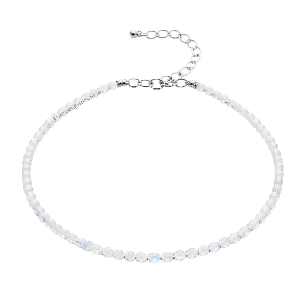 Rainbow Moonstone Crystal Anklet - 2mm Faceted Bead (Silver)