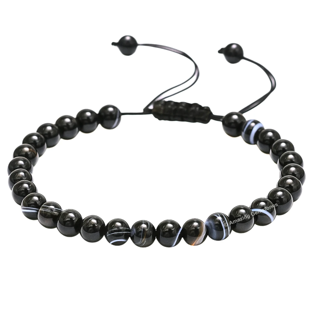 Black Banded Healing Crystal Bracelets - 6mm Beads (Adjustable)