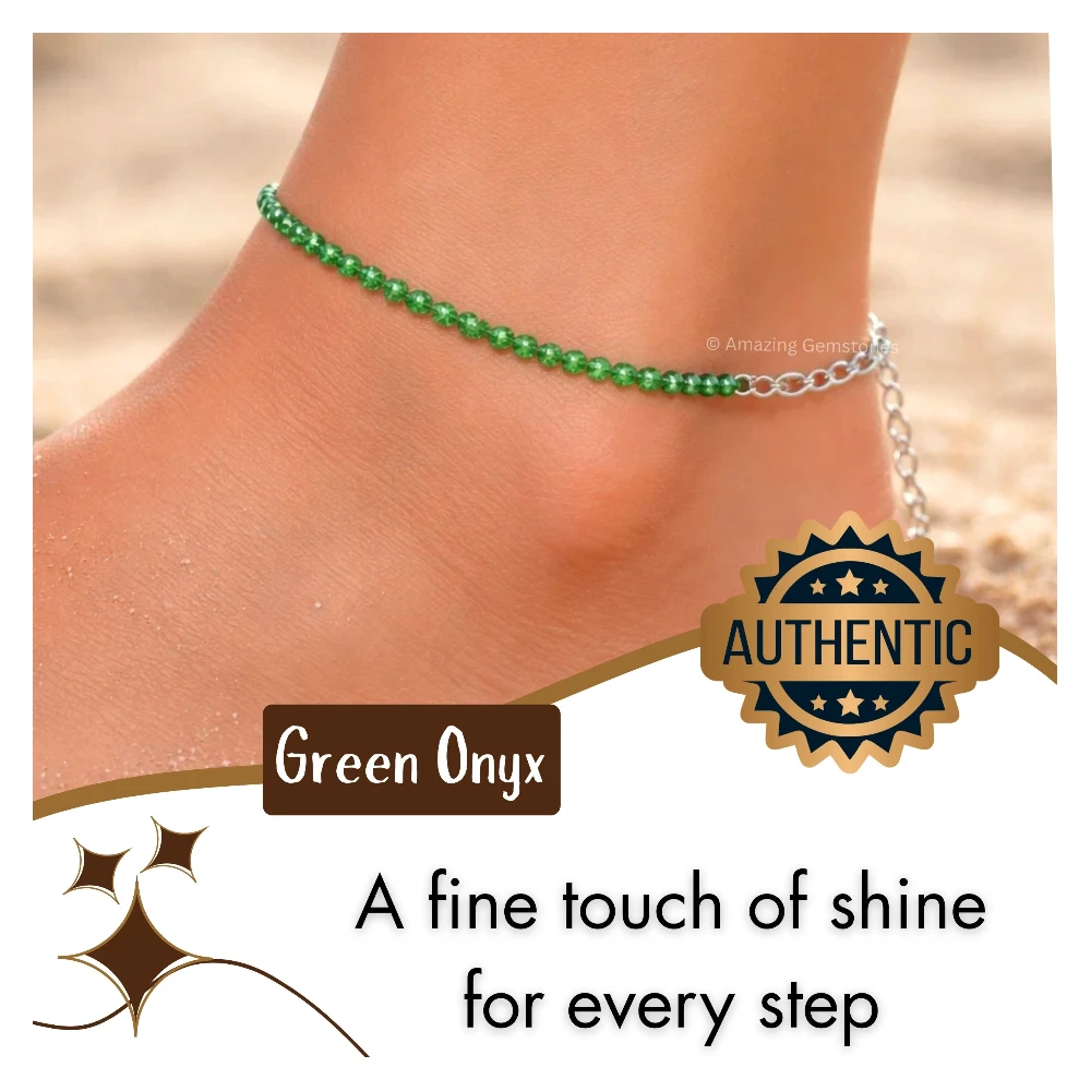 Green Onyx Crystal Anklet - 2mm Faceted Bead (Silver)