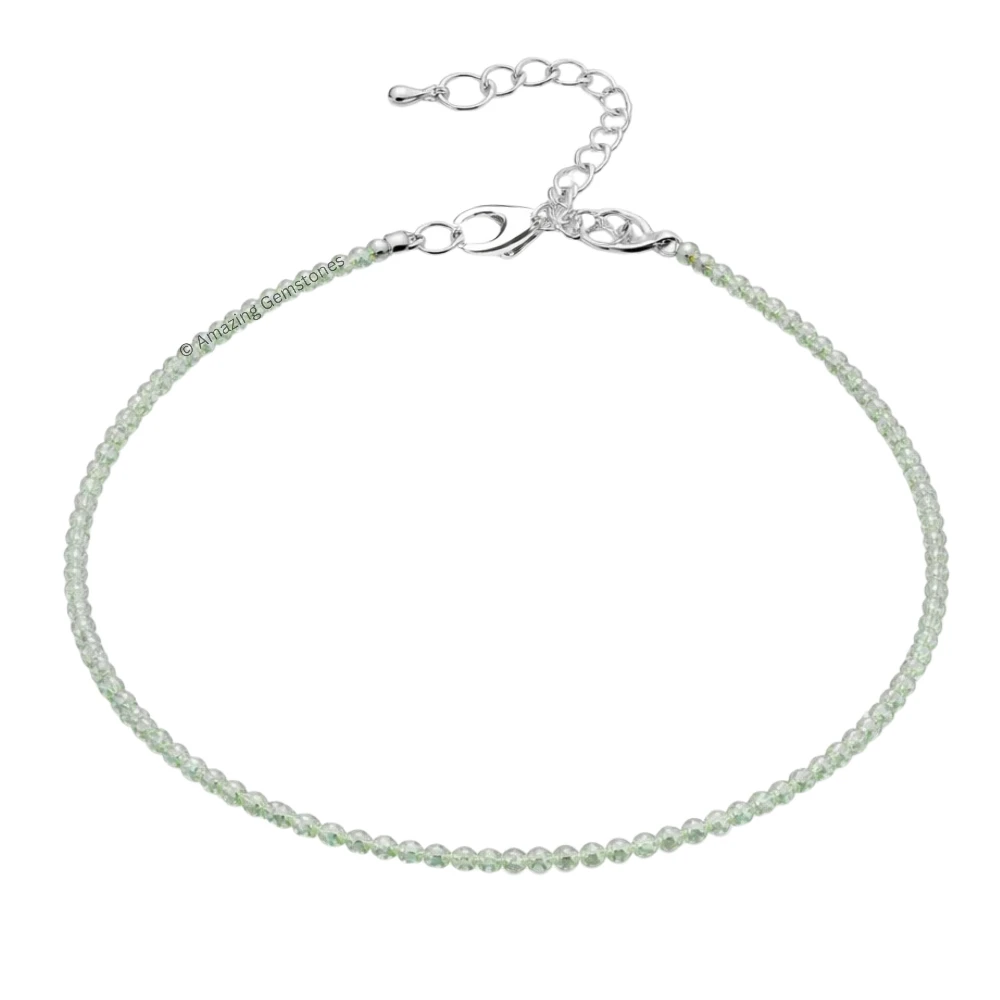 Prehnite Crystal Anklet - 2mm Faceted Bead (Silver)