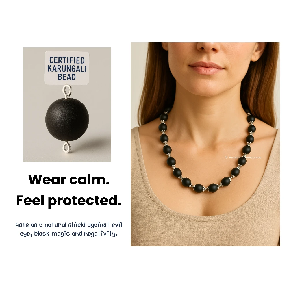 8mm Karungali Necklace - Classic Silver Chain
