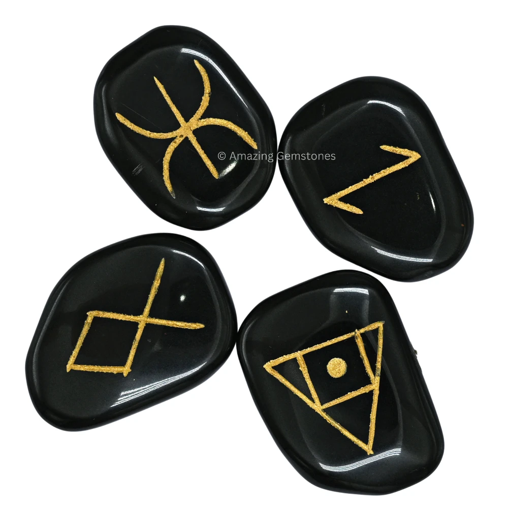 Black Agate Lifestyle Symbol Engraved Stones (Set of 4)