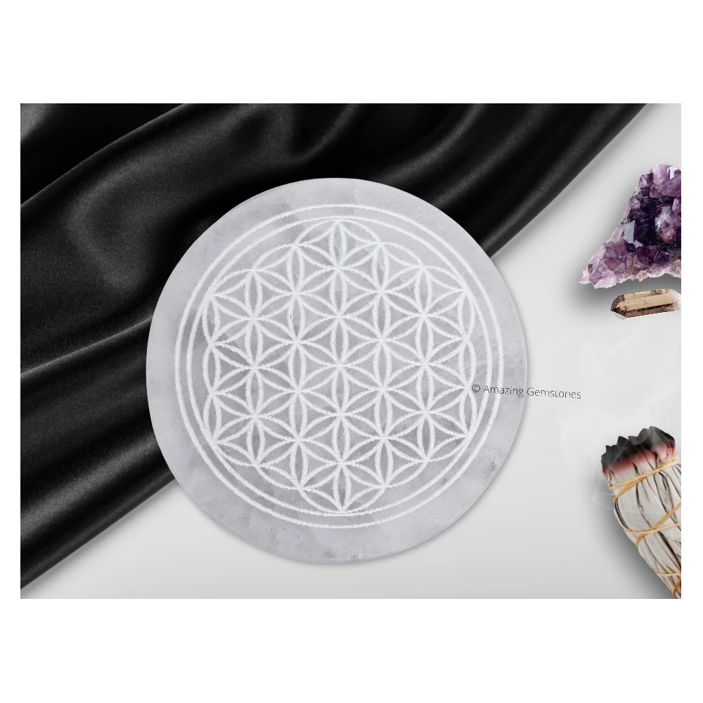Selenite Charging Plate for Crystals - Flower of Life (3 Inch)