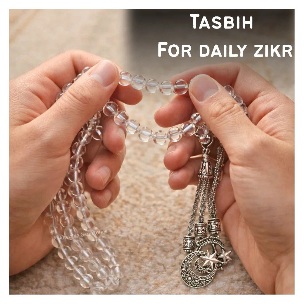 Clear Quartz Crystal Tasbeeh Sibha Prayer Beads (Silver)