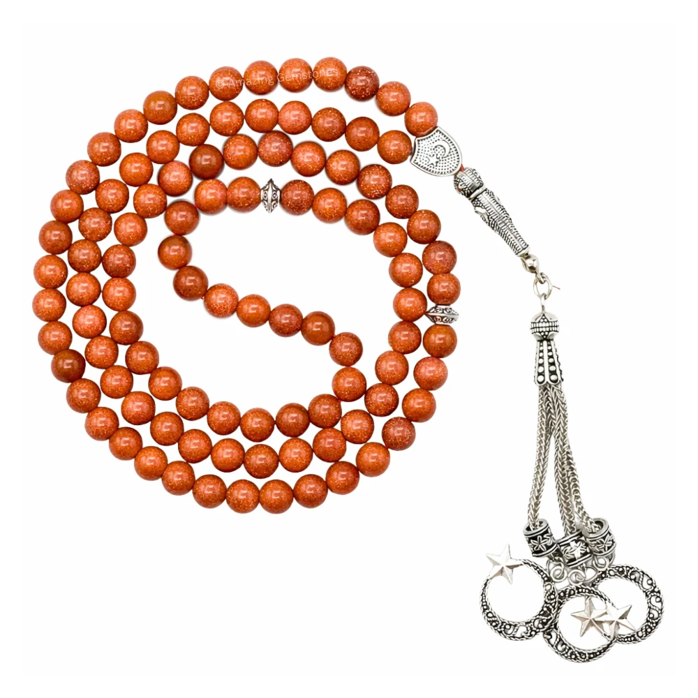 Red Goldstone Crystal Tasbeeh Sibha Prayer Beads (Silver)