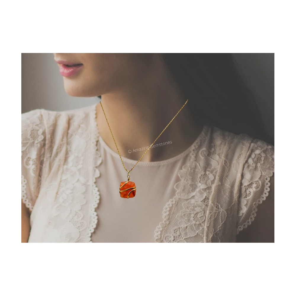 Carnelian Necklace - Raw Square Crystal (Gold)