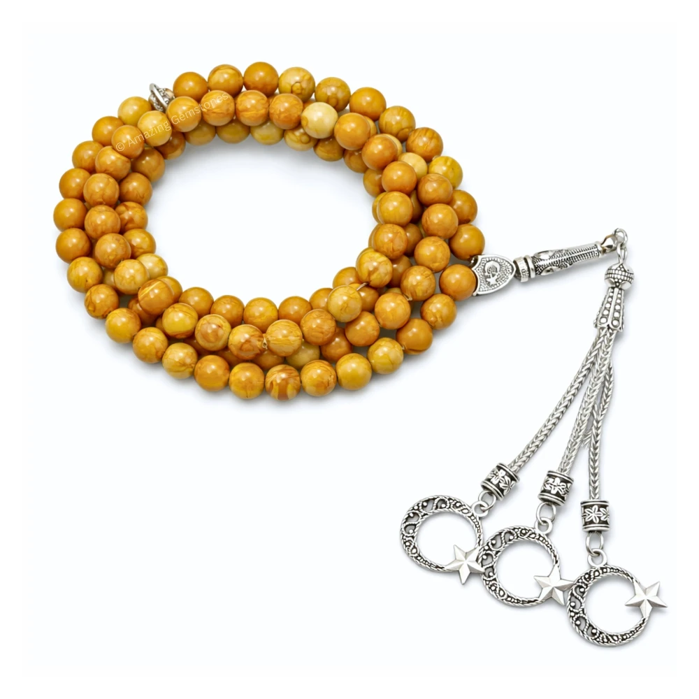 Yellow Jasper Crystal Tasbeeh Sibha Prayer Beads (Silver)
