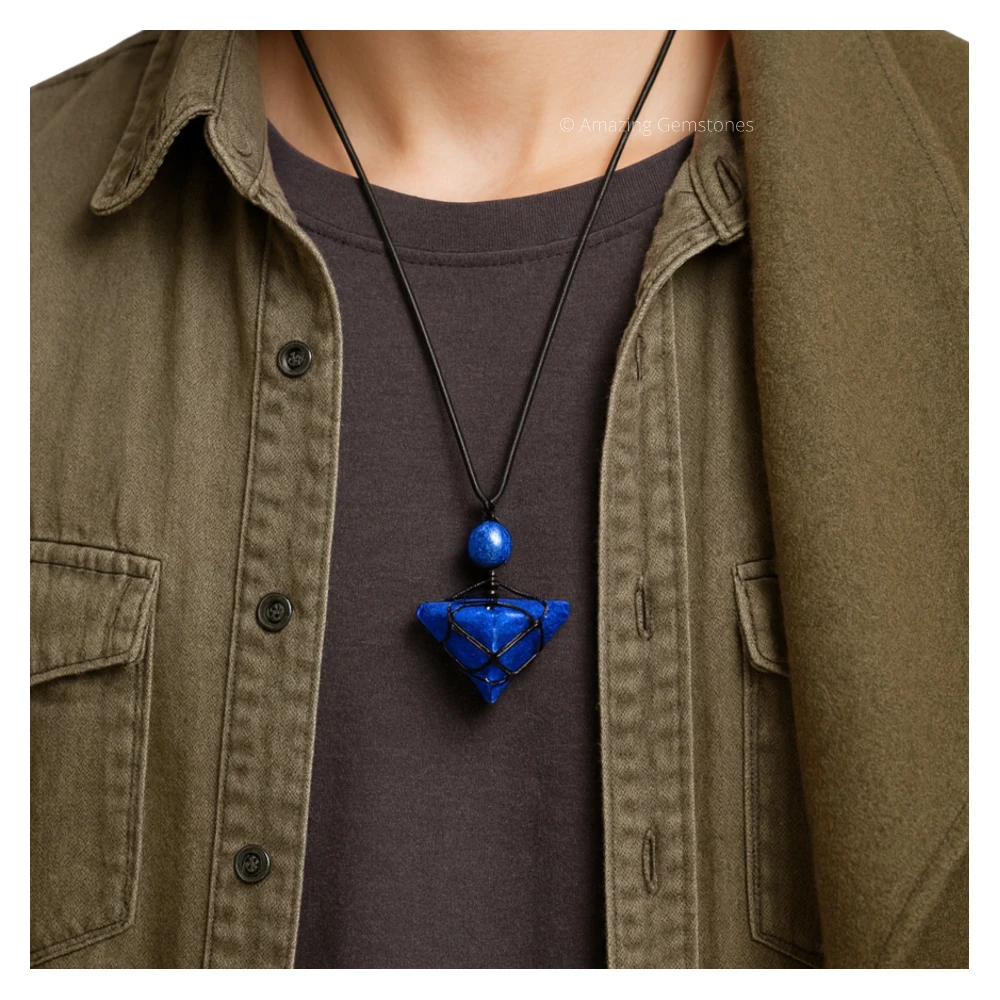 Lapis Lazuli Pyramid Pendant Necklace (Macrame)