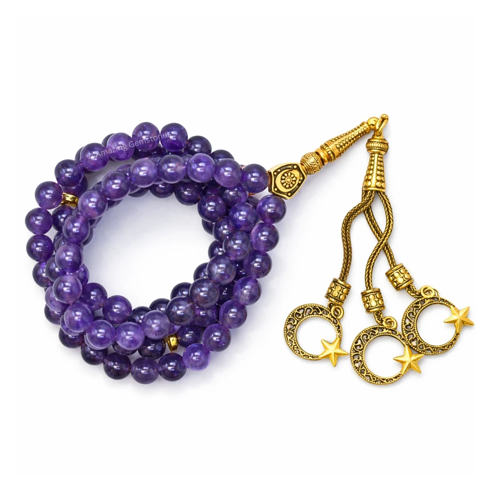 Amethyst Crystal Tasbeeh Sibha Prayer Beads (Gold)