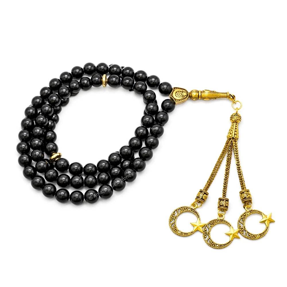 Black Tourmaline Crystal Tasbeeh Sibha Prayer Beads (Gold)