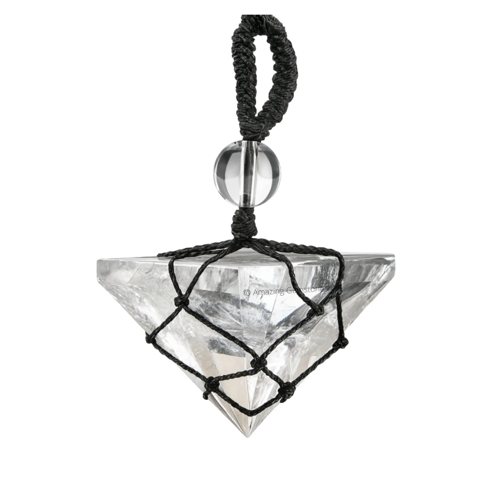 Clear Quartz Pyramid Pendant Necklace (Macrame)