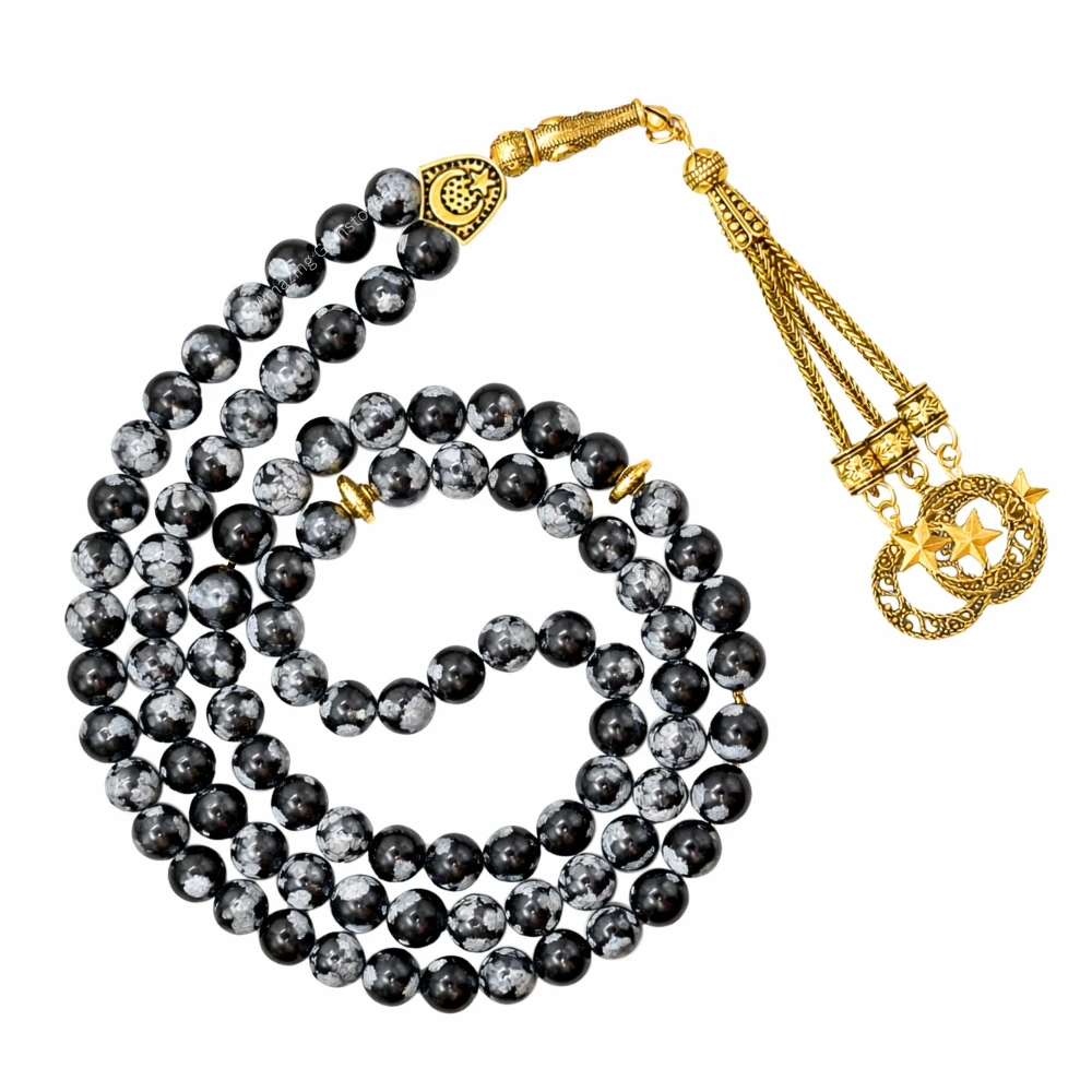 Snowflake Obsidian Crystal Tasbeeh Sibha Prayer Beads (Gold)