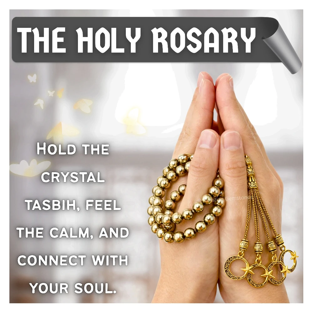 Golden Hematite Crystal Tasbeeh Sibha Prayer Beads (Gold)
