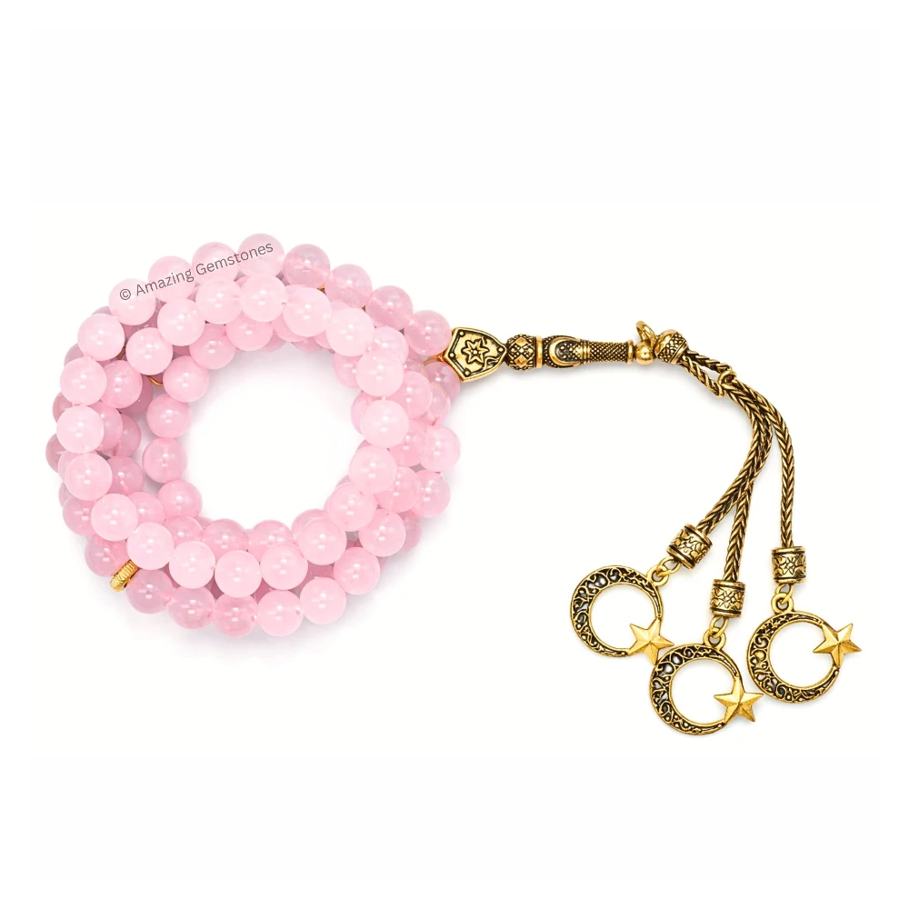 Rose Quartz Crystal Tasbeeh Sibha Prayer Beads (Gold)
