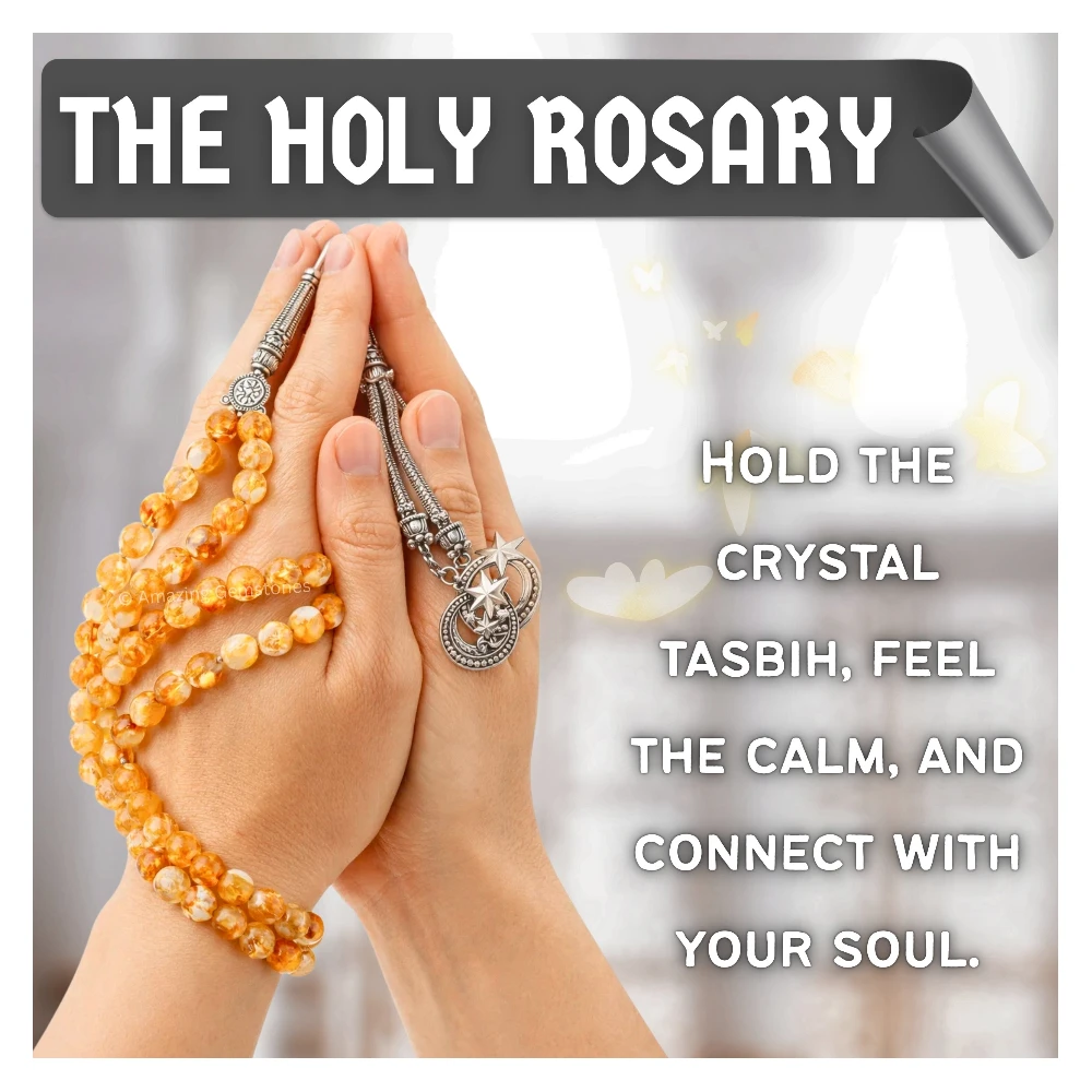 Natural Citrine Crystal Tasbeeh Sibha Prayer Beads (Silver)