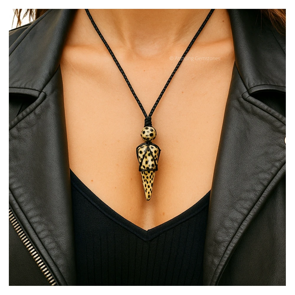 Dalmatian Jasper Pendulum Pendant Necklace (Macrame)