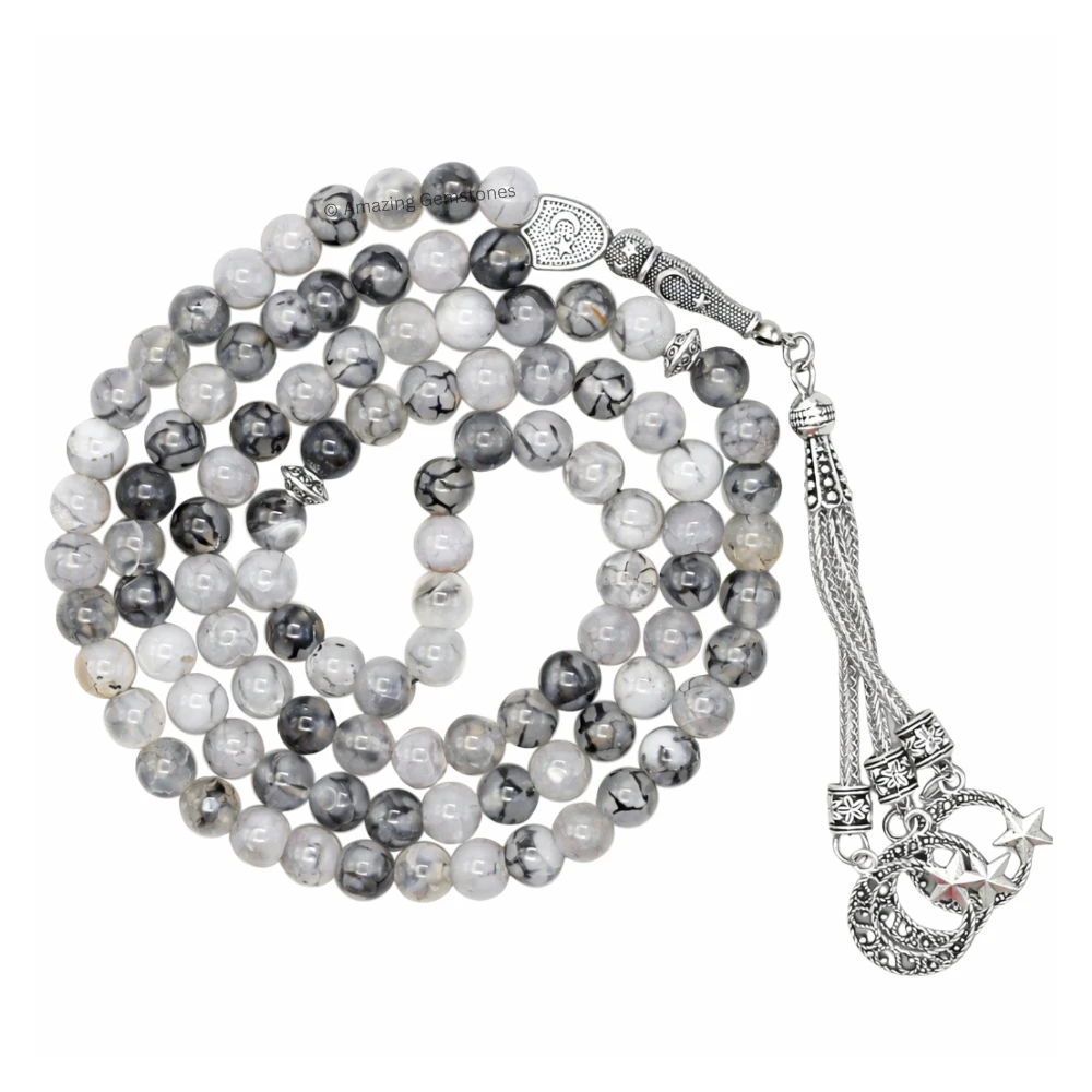 Dragon Vein Agate Crystal Tasbeeh Sibha Prayer Beads (Silver)