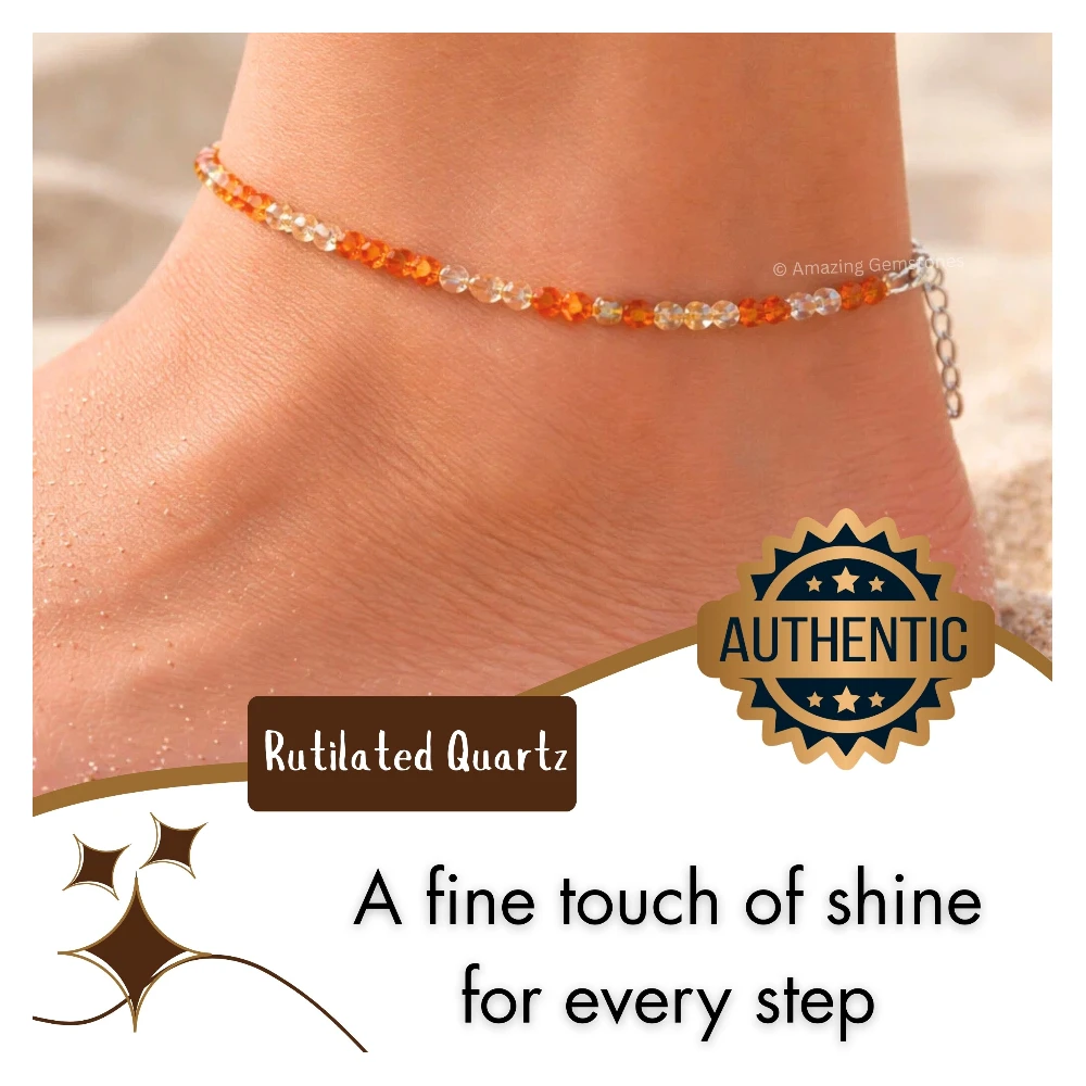 Rutilated Quartz Crystal Anklet - 2mm Faceted Bead (Silver)