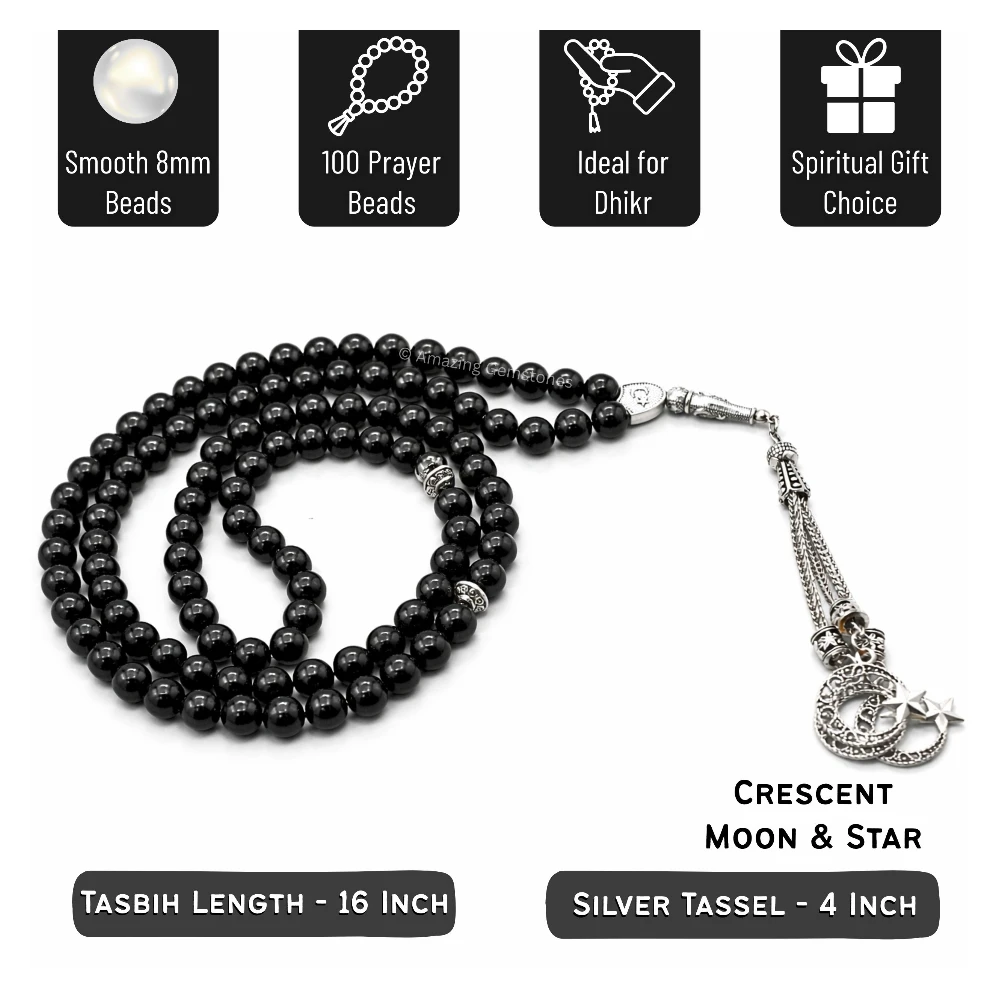 Black Obsidian Crystal Tasbeeh Sibha Prayer Beads (Silver)